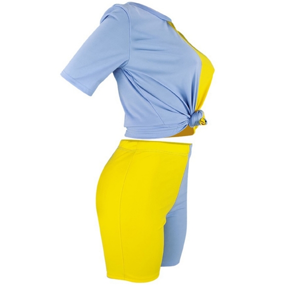 Casual ONeck Patchwork Yellow Two-piece Shorts set - Picture 4 of 4